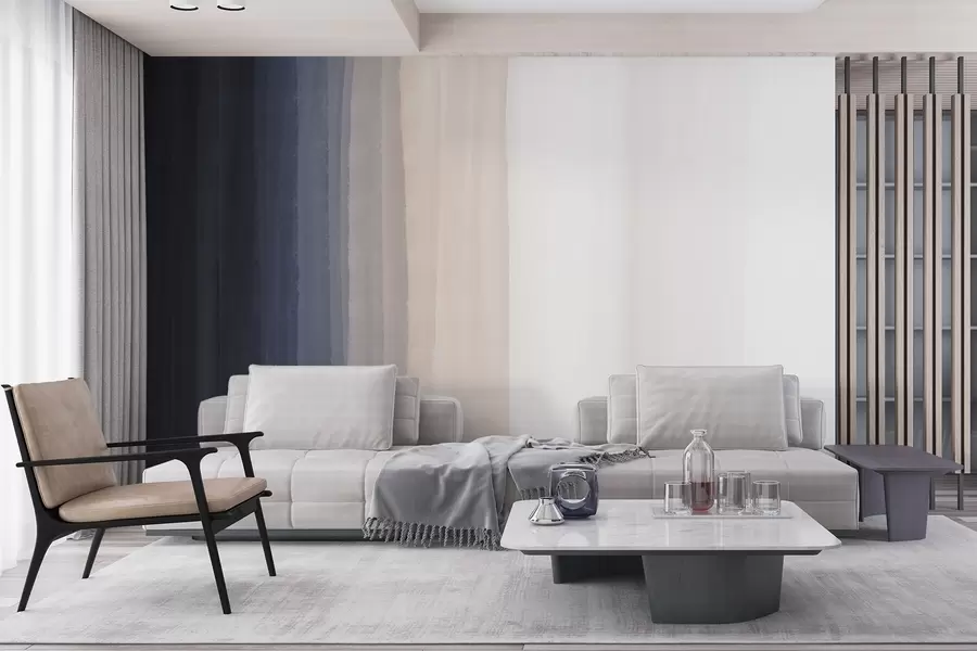 wall murals Апстрактни минималистички градијент принт са вертикалним пругама тамноплаве, светло брескве и беле боје  w08915v1