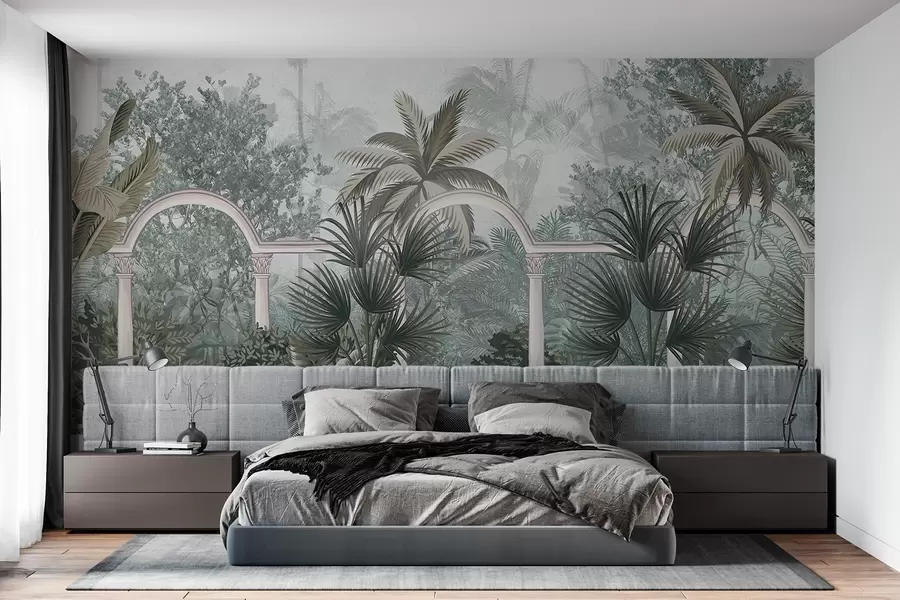 wall murals Тропска текстурирана башта са палмама и бујном вегетацијом, балустрада са луковима, пригушене боје, винтаге стил w08916
