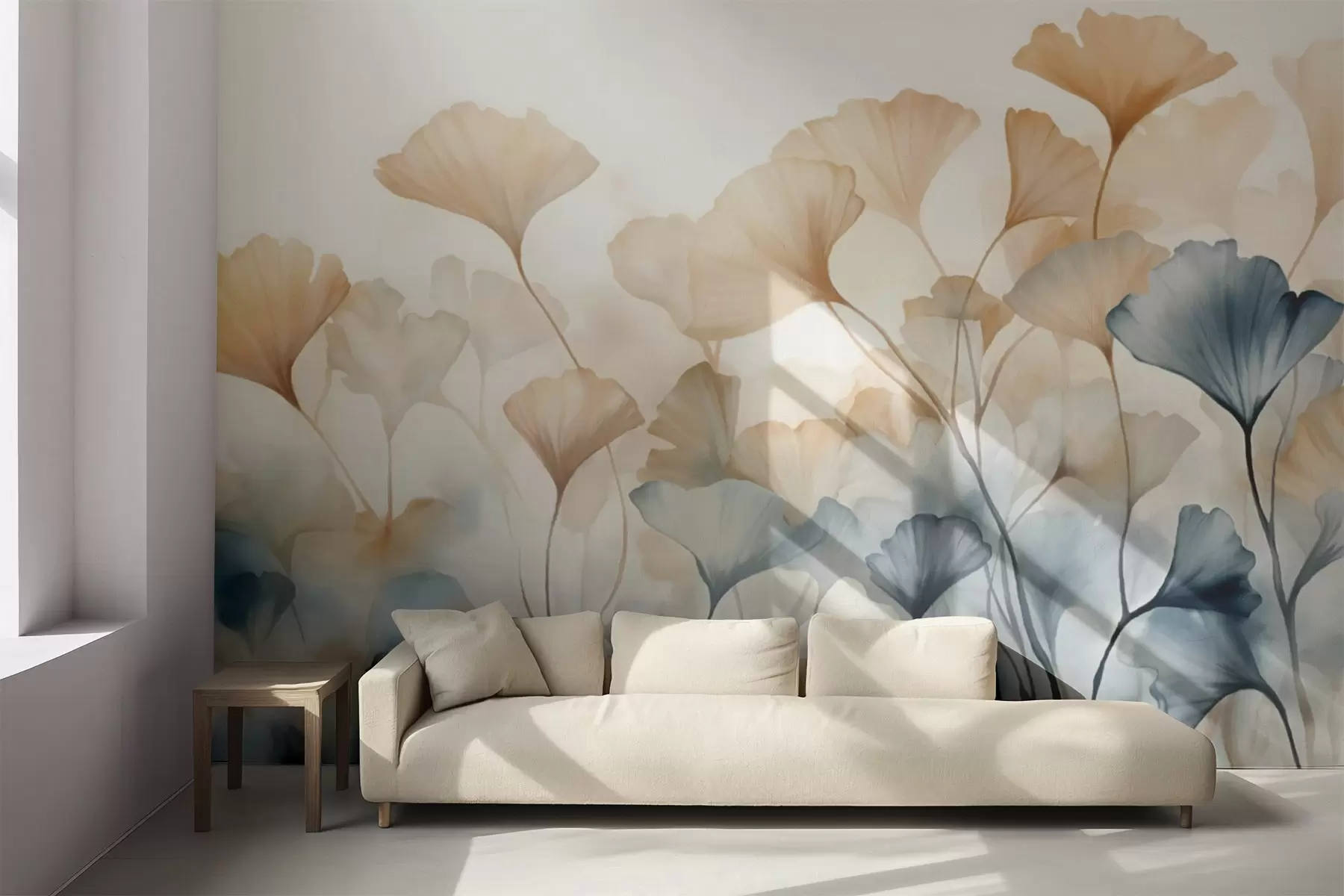 wall murals Листови гинка у плавој и наранџастој акварелу, прозирне латице, деликатне стабљике, мека палета боја w08917
