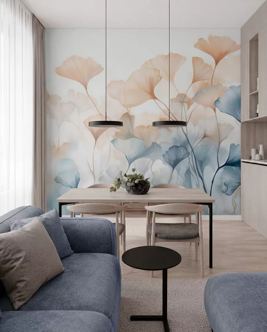 wall murals Листови гинка у плавој и наранџастој акварелу, прозирне латице, деликатне стабљике, мека палета боја w08917