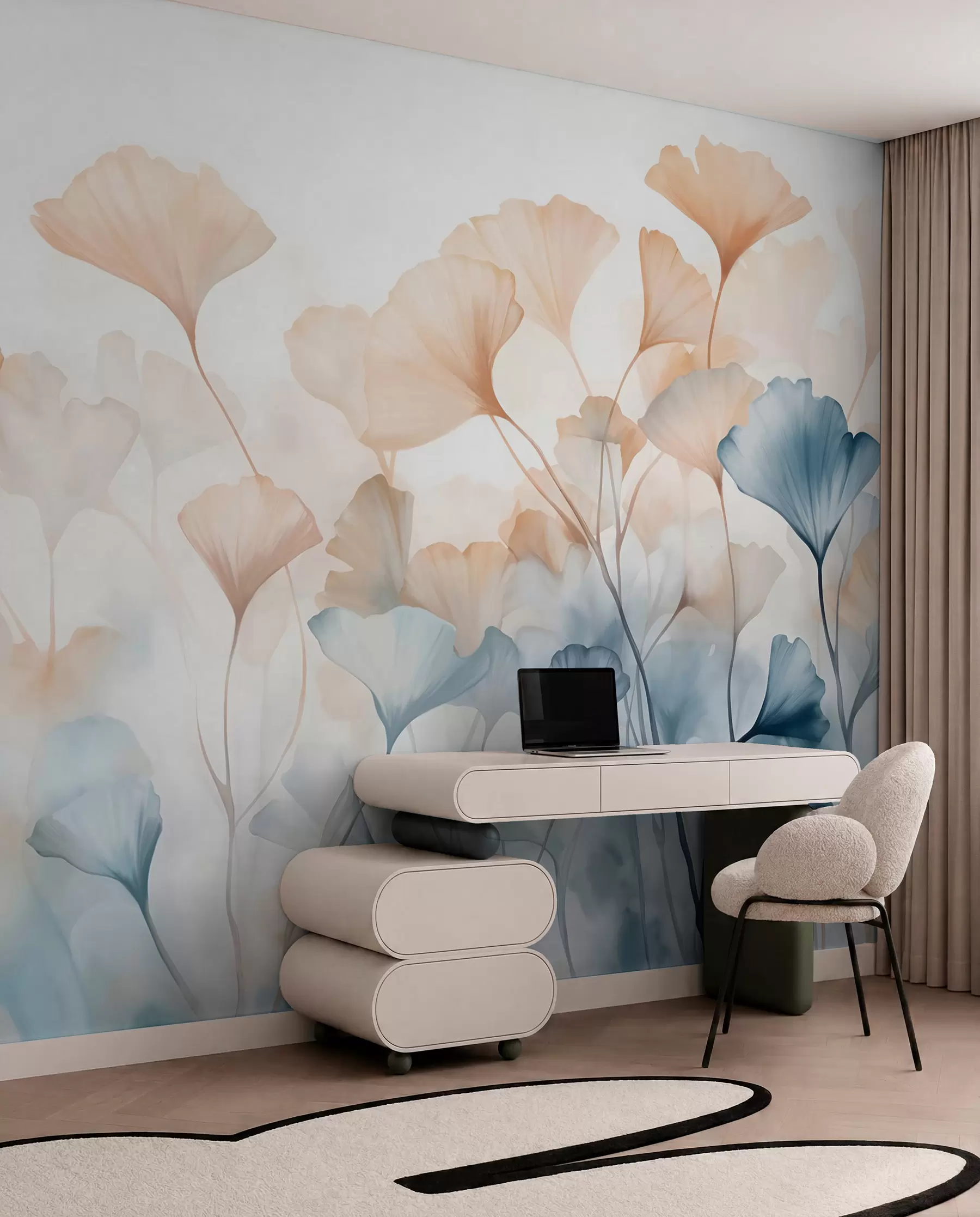 wall murals Листови гинка у плавој и наранџастој акварелу, прозирне латице, деликатне стабљике, мека палета боја w08917