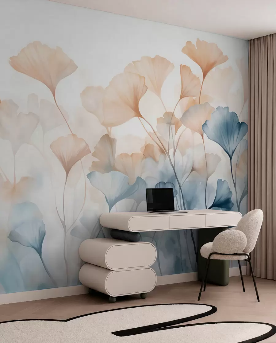 wall murals Листови гинка у плавој и наранџастој акварелу, прозирне латице, деликатне стабљике, мека палета боја w08917