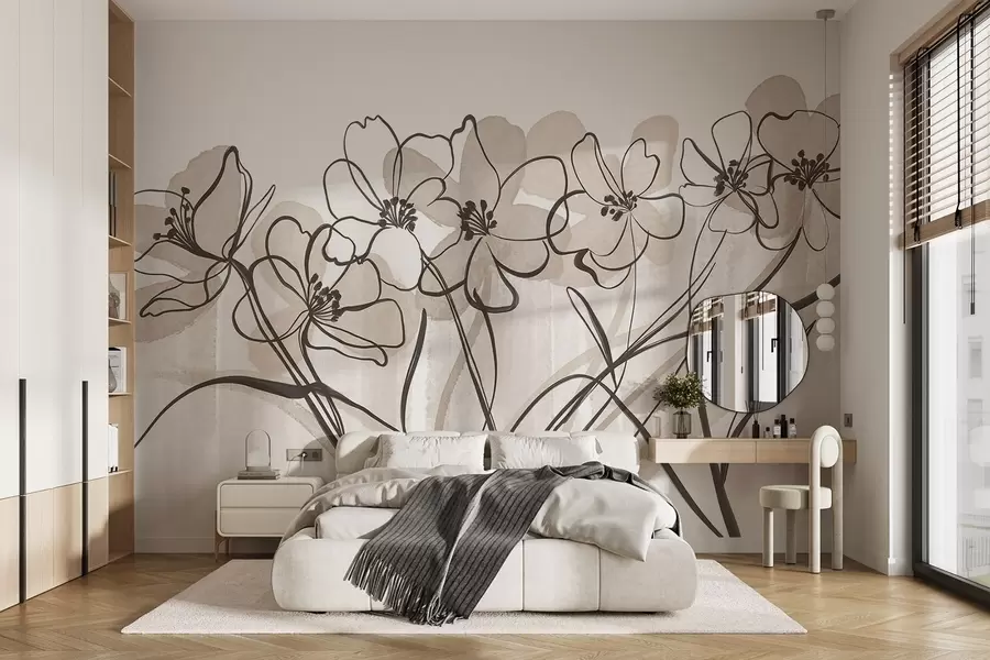 wall murals Минималистички лине-арт цвеће са беж и браон латицама, дугим стабљикама, светло беж позадином w08918