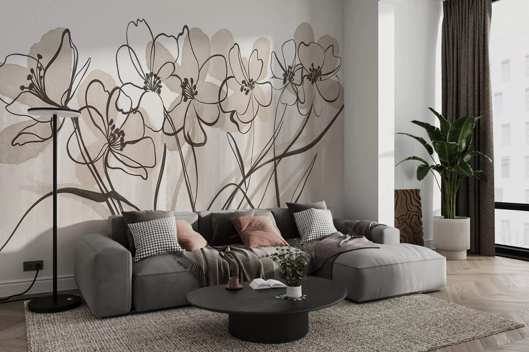 wall murals Минималистички лине-арт цвеће са беж и браон латицама, дугим стабљикама, светло беж позадином w08918