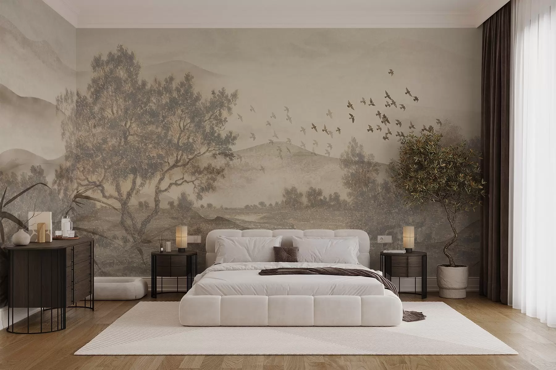 wall murals Текстурирани старински пејзаж са дрветом у близини реке и облачним небом, природна уметност у тоновима сепије w08920