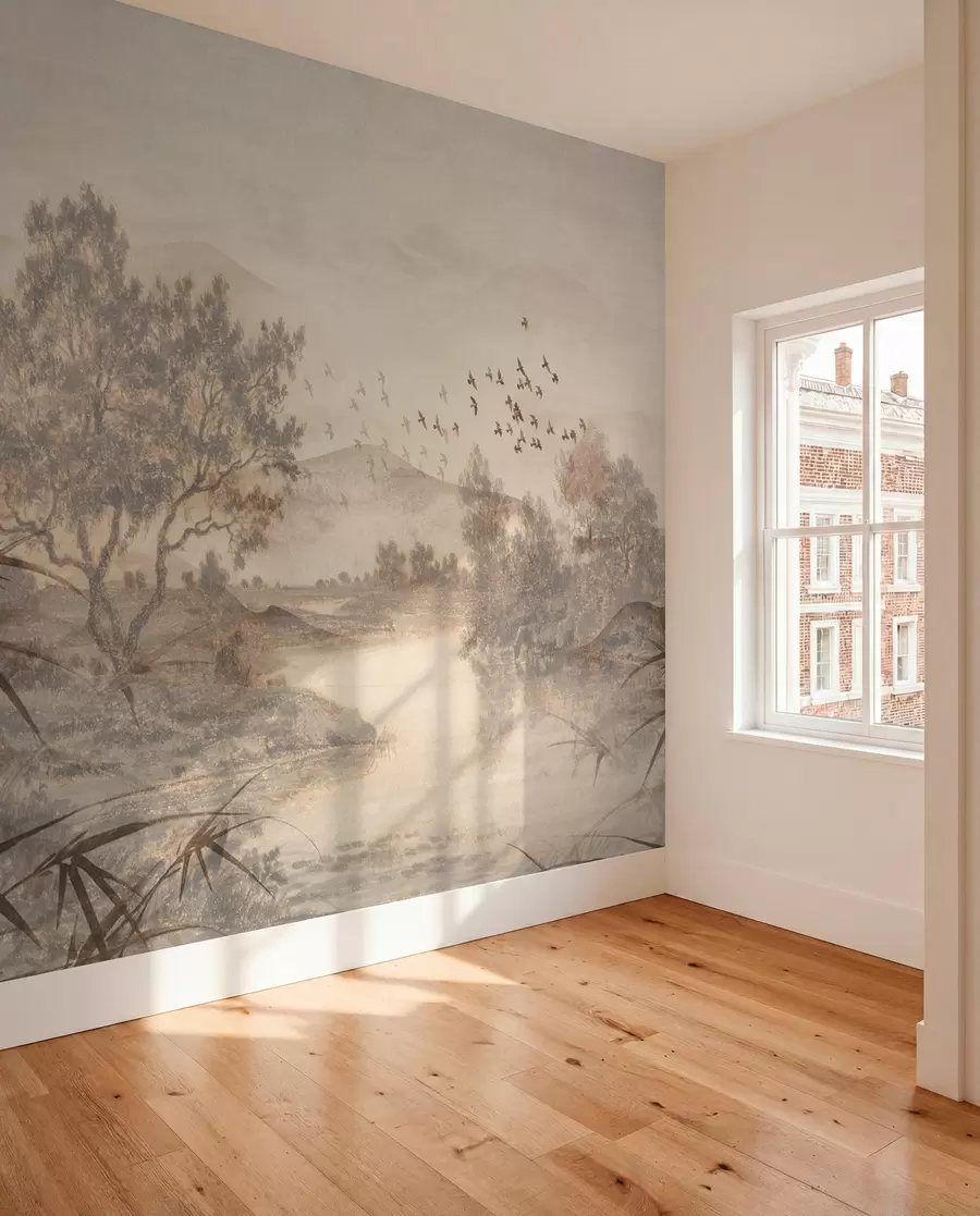wall murals Текстурирани старински пејзаж са дрветом у близини реке и облачним небом, природна уметност у тоновима сепије w08920
