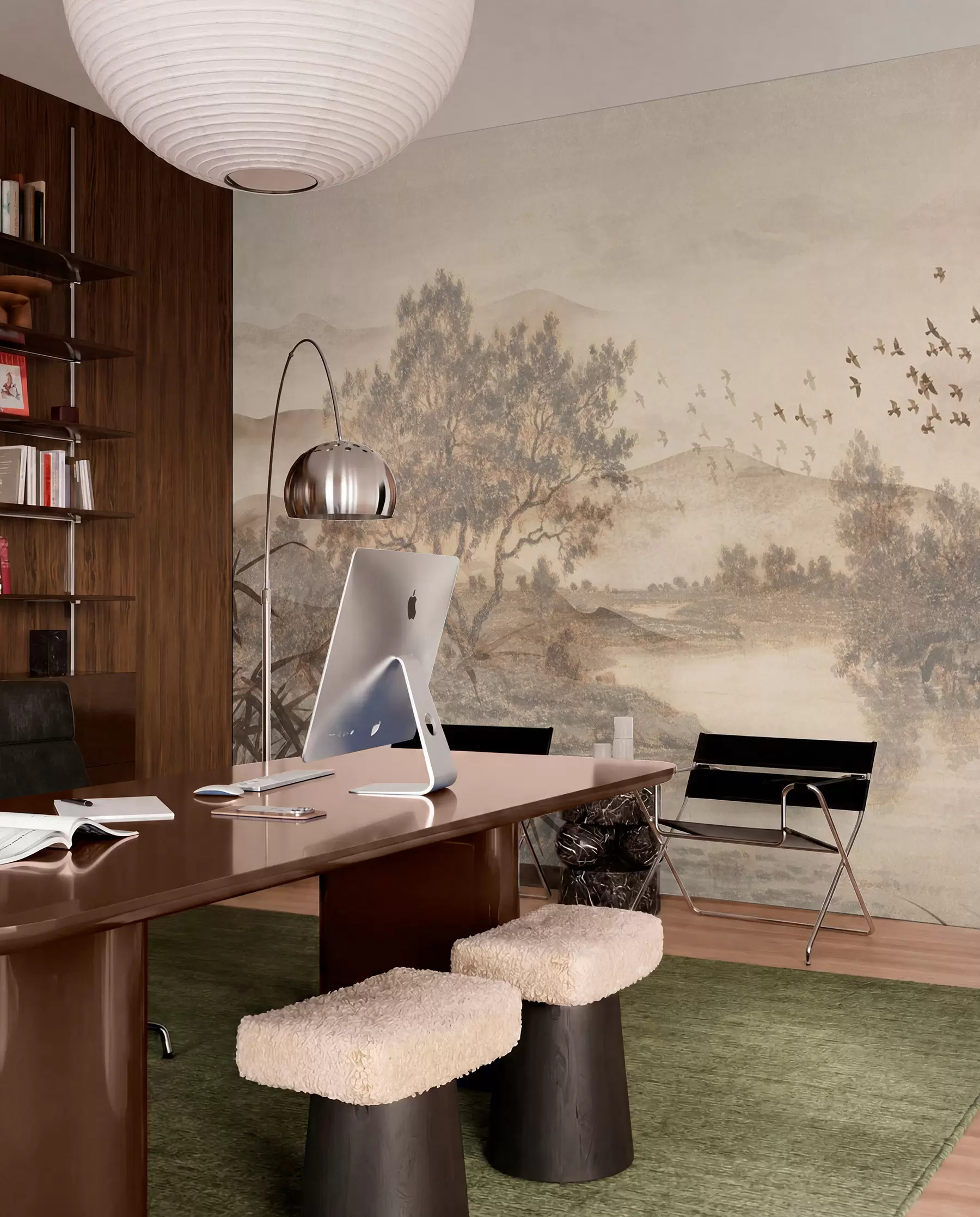 wall murals Текстурирани старински пејзаж са дрветом у близини реке и облачним небом, природна уметност у тоновима сепије w08920