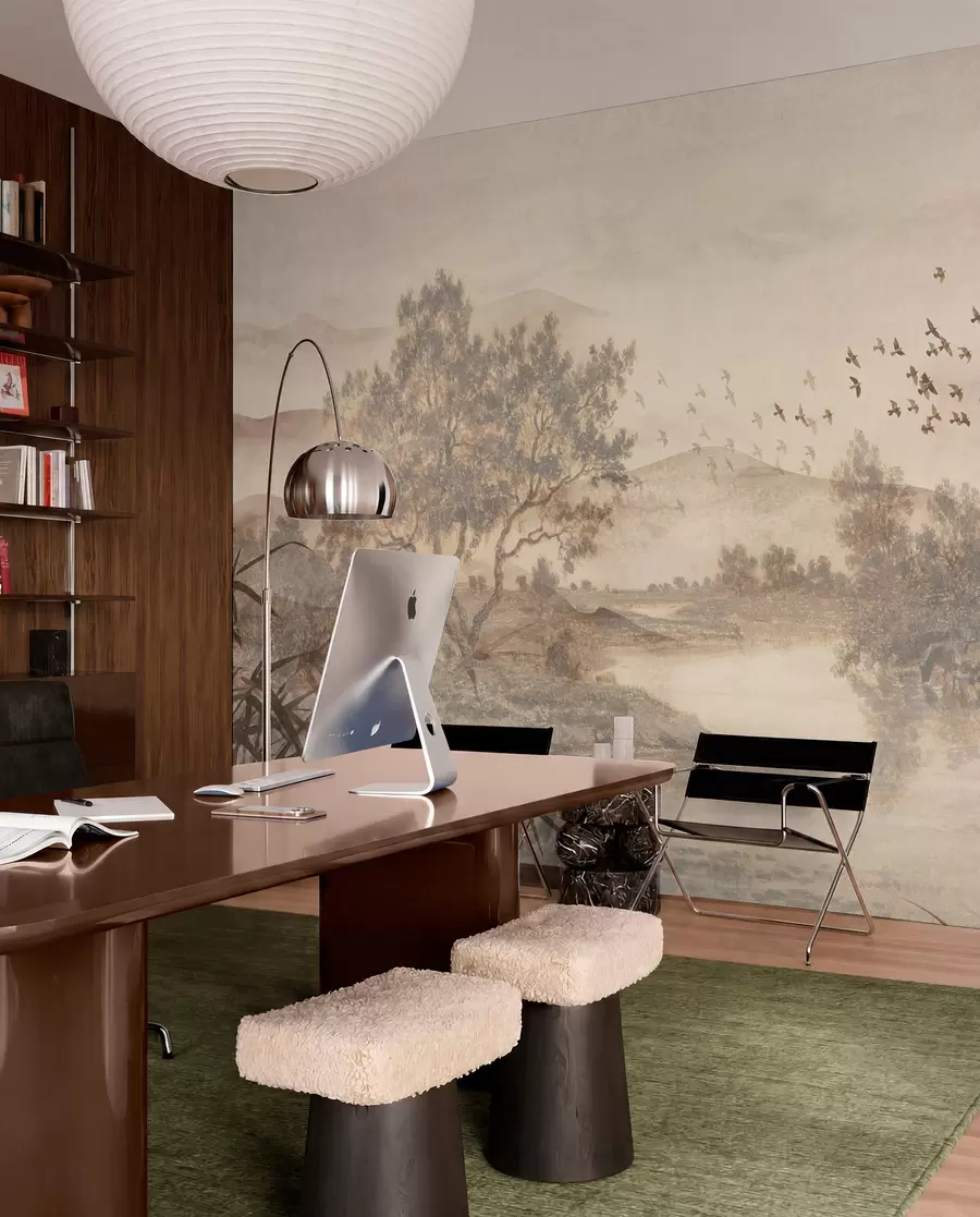 wall murals Текстурирани старински пејзаж са дрветом у близини реке и облачним небом, природна уметност у тоновима сепије w08920