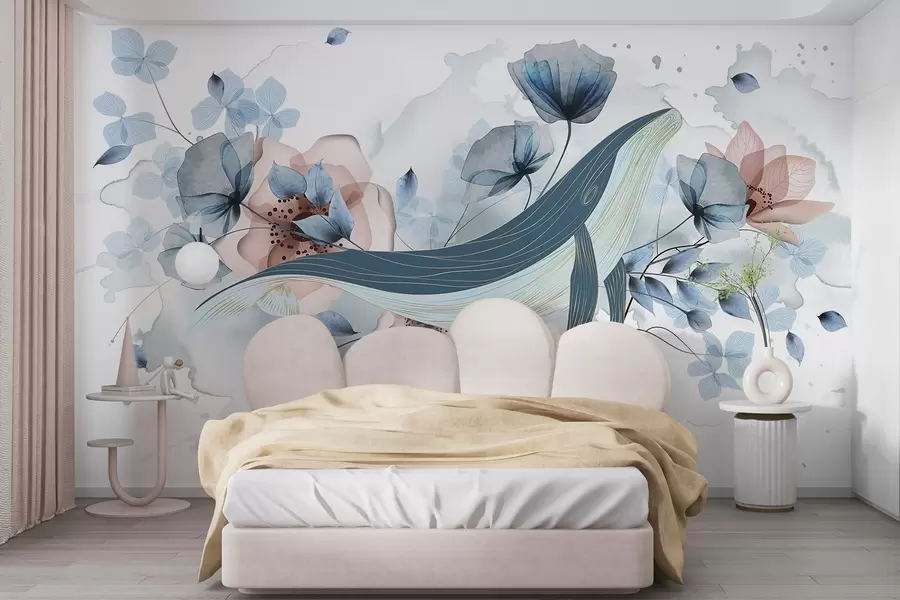 wall murals Плави кит са цвећем, стил акварела, светло плаве и розе боје, светла позадина w08922