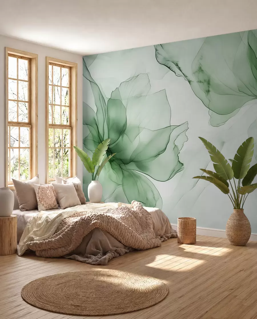 wall murals Цвеће у течном стилу, цветна апстракција, акварел, палета зелених боја  w03406