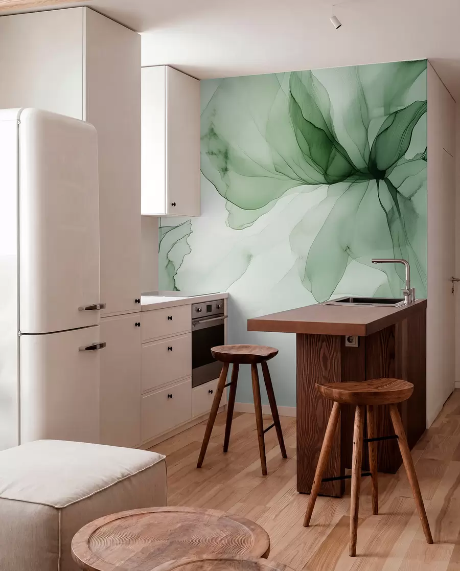 wall murals Цвеће у течном стилу, цветна апстракција, акварел, палета зелених боја  w03406