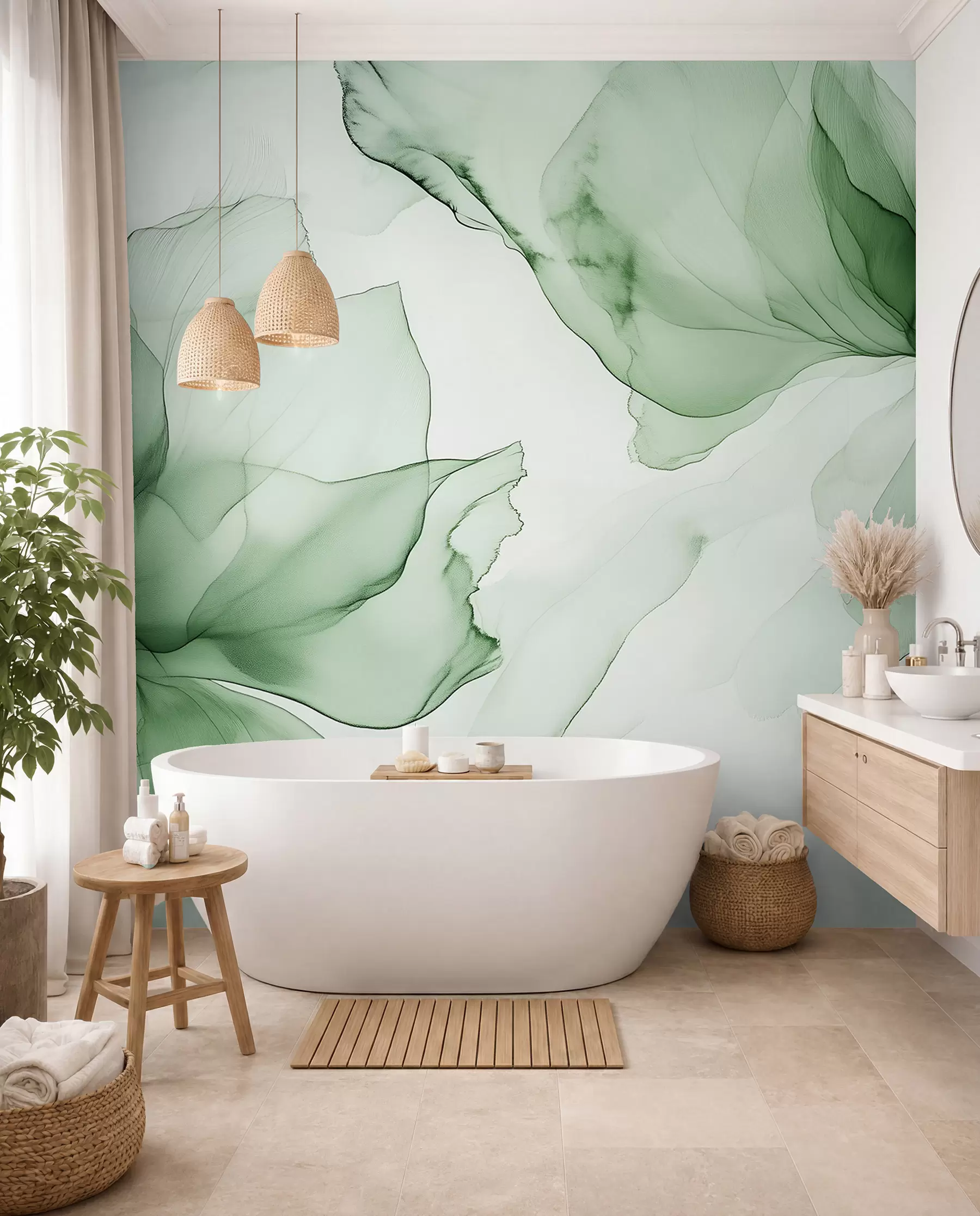 wall murals Цвеће у течном стилу, цветна апстракција, акварел, палета зелених боја  w03406