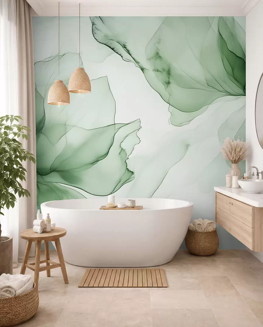 wall murals Цвеће у течном стилу, цветна апстракција, акварел, палета зелених боја  w03406