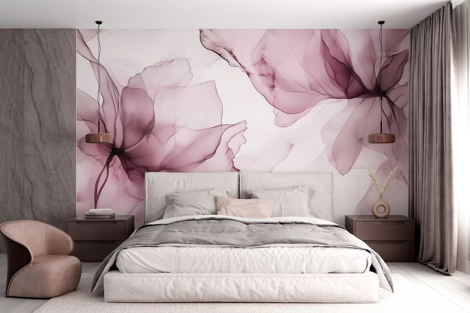 wall murals Цвеће у флуидном стилу, цветна апстракција, акварел, палета ружичастих боја  w03406v1