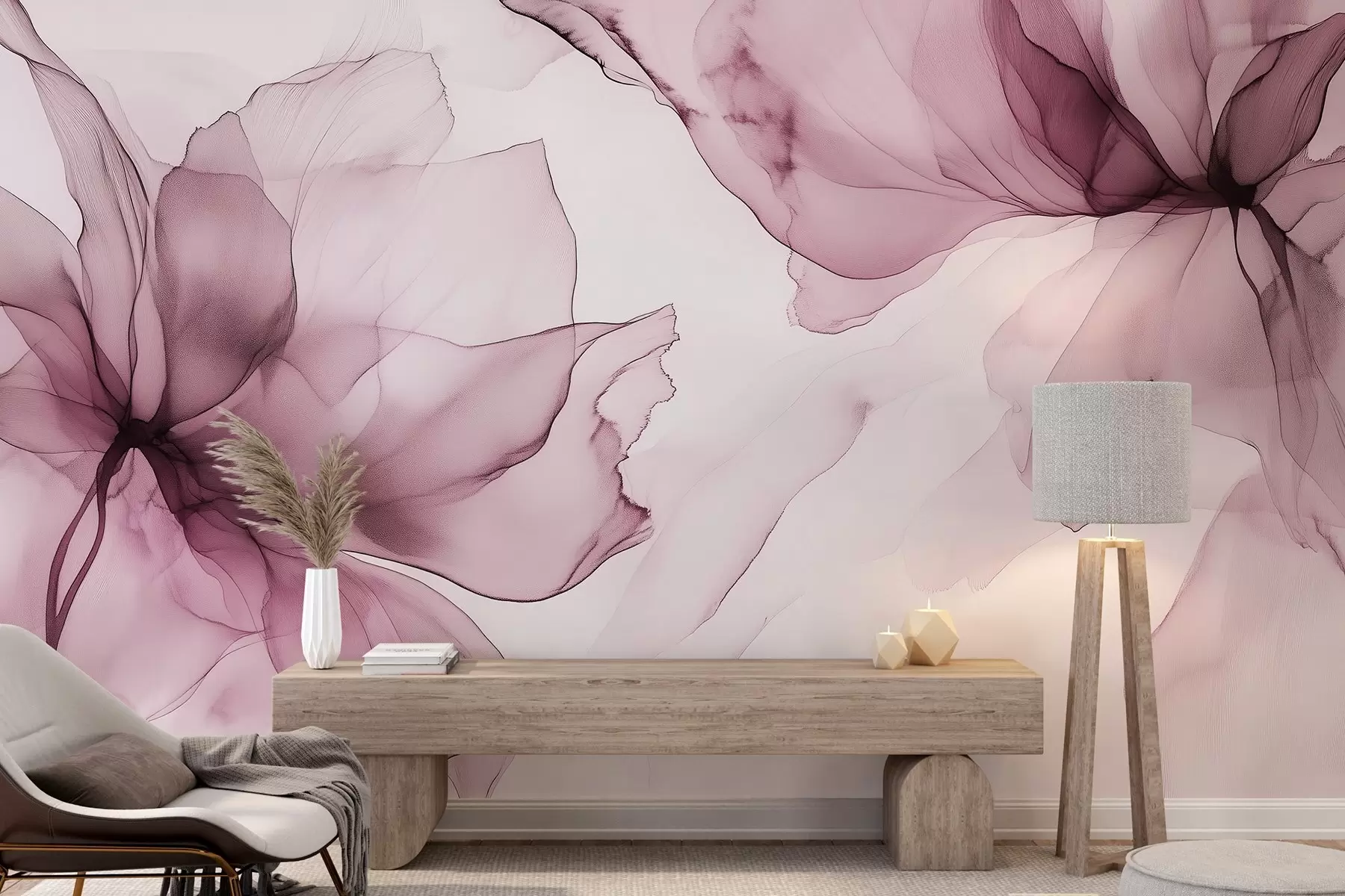 wall murals Цвеће у флуидном стилу, цветна апстракција, акварел, палета ружичастих боја  w03406v1
