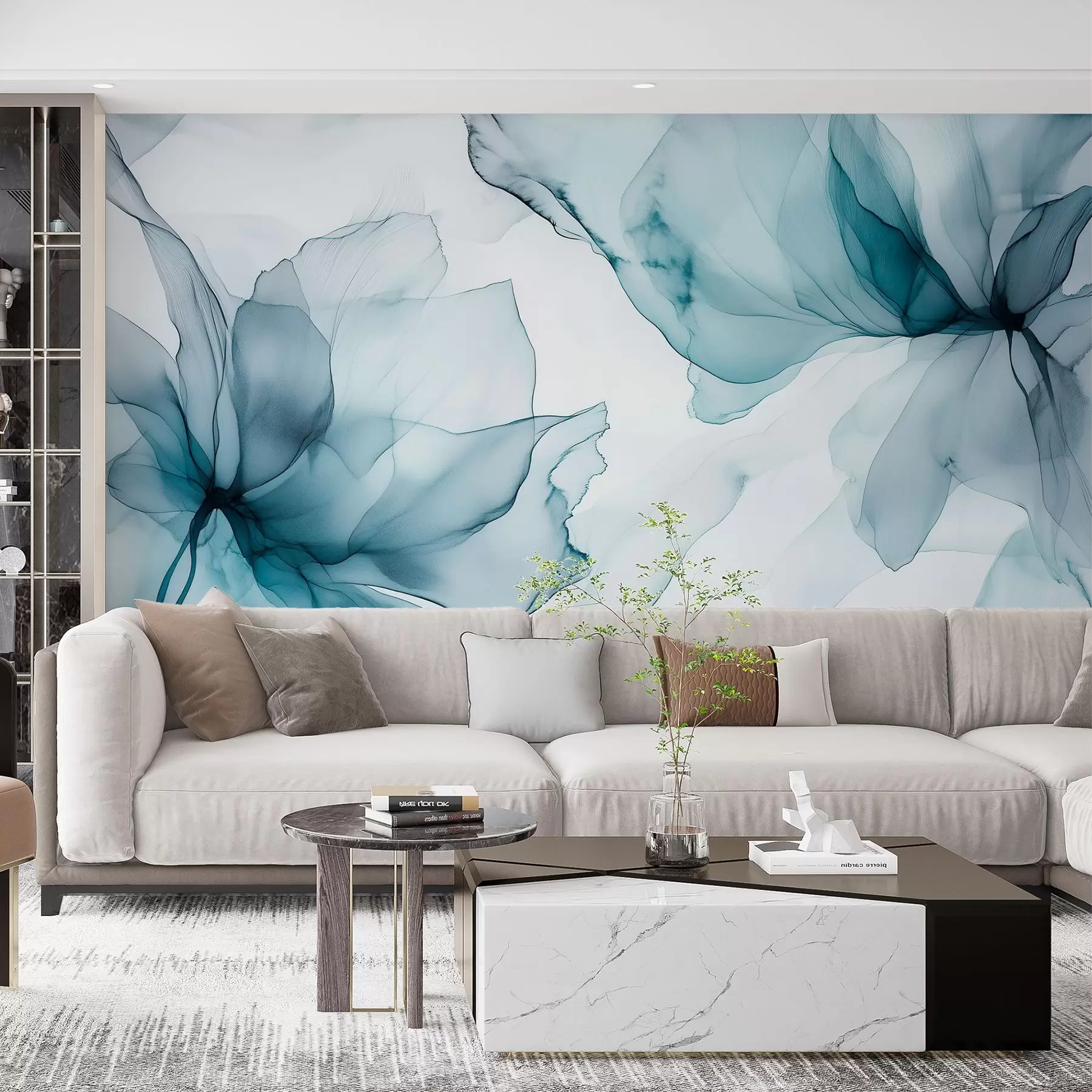 wall murals Цвеће у течном стилу, цветна апстракција, акварел, плава палета боја  w03406v2
