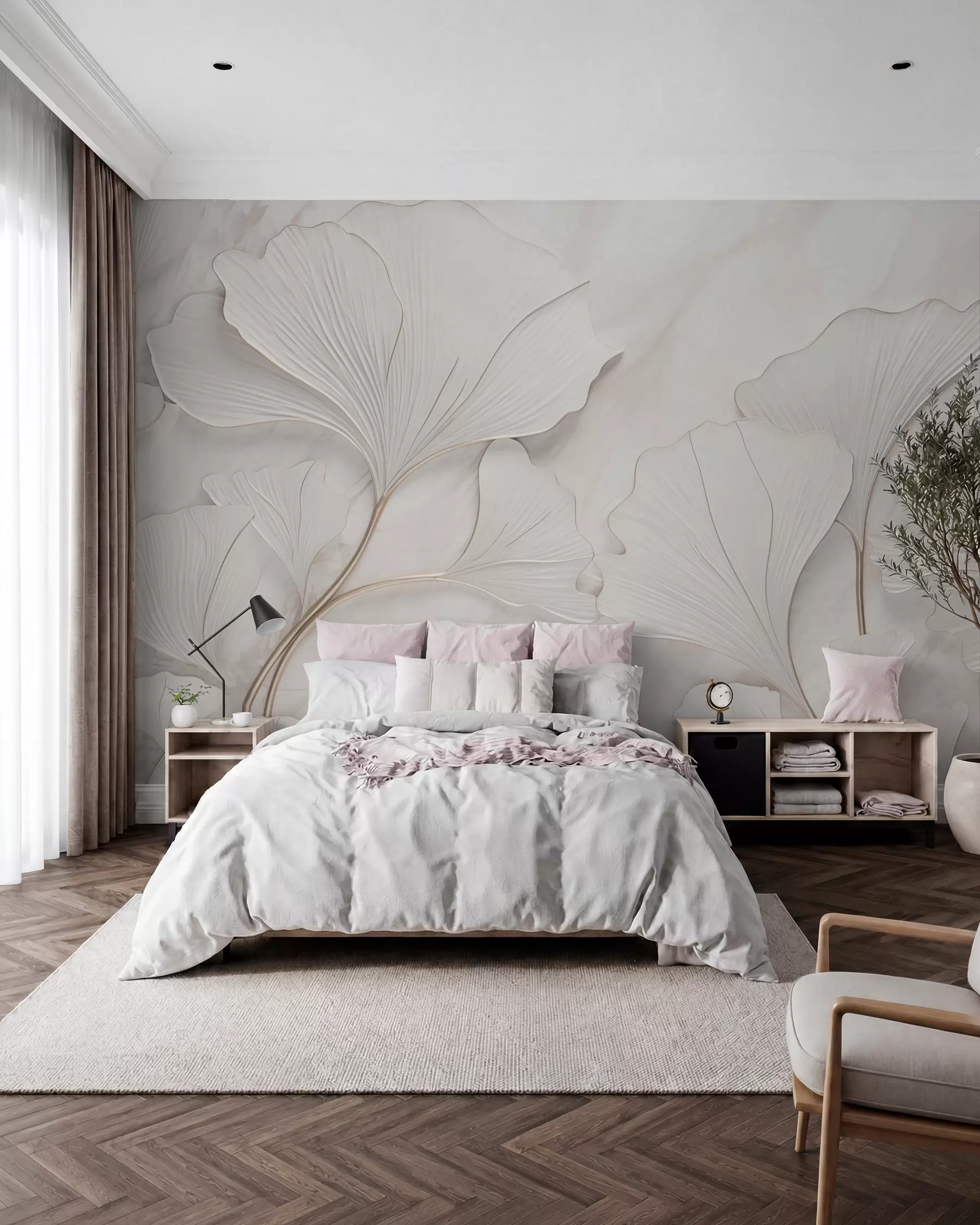 wall murals Kredno bijelo lišće w03440