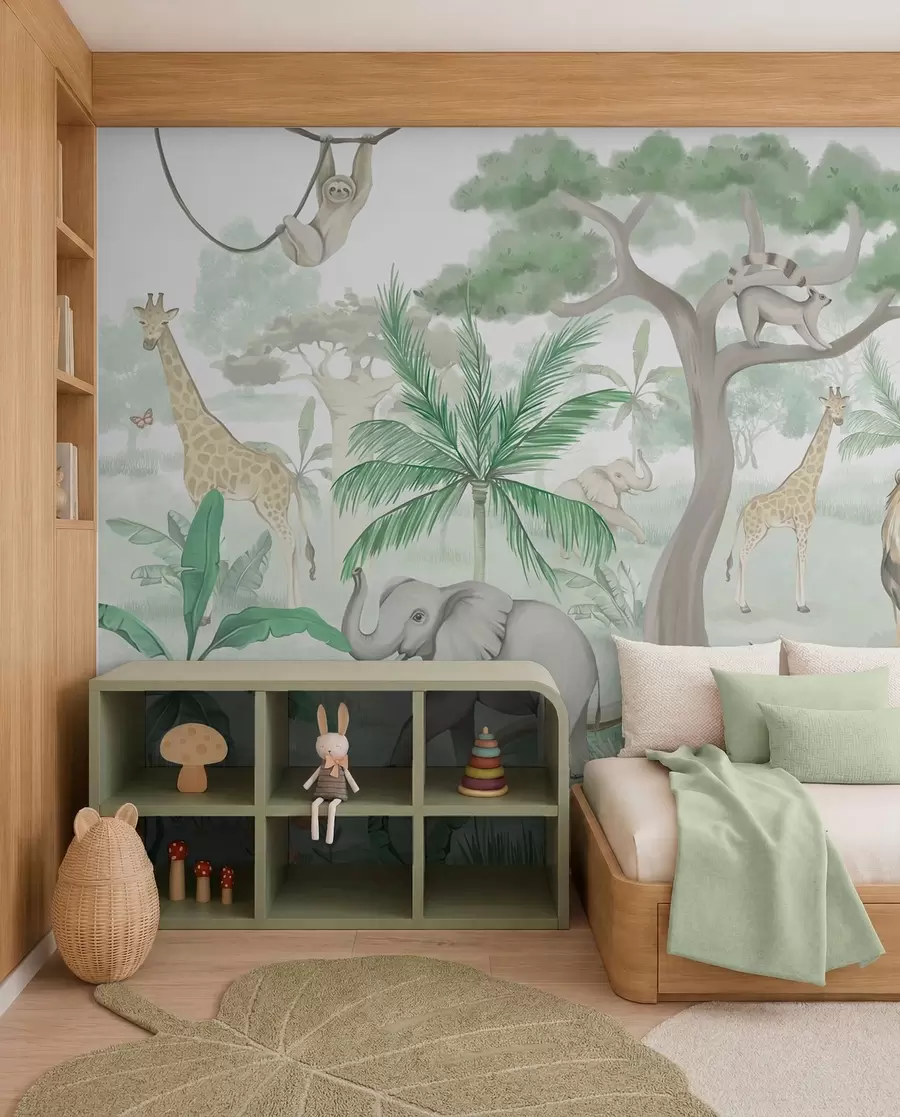 wall murals Панорама џунгле са животињама у зеленим тоновима w03444v2