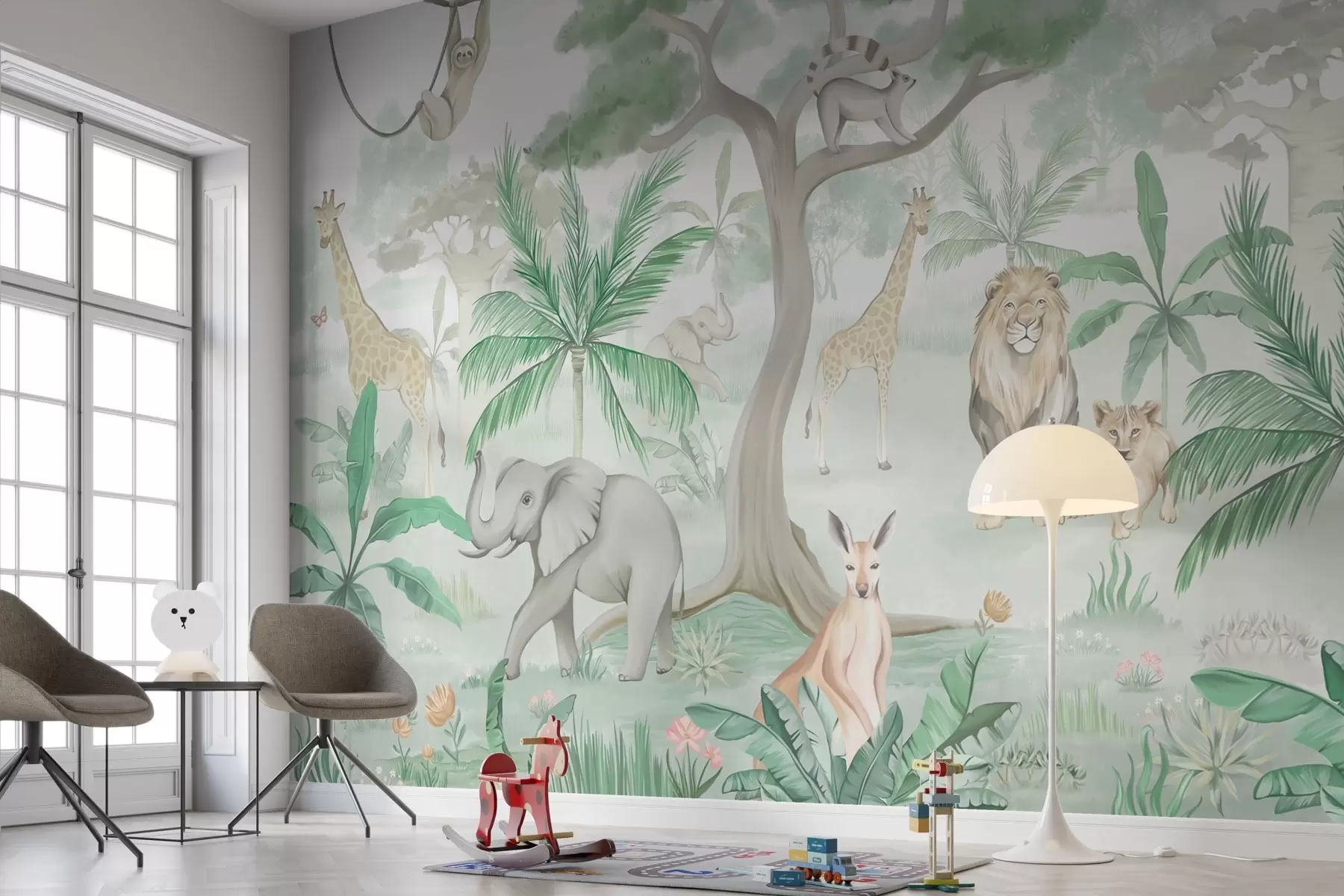 wall murals Панорама џунгле са животињама у зеленим тоновима w03444v2