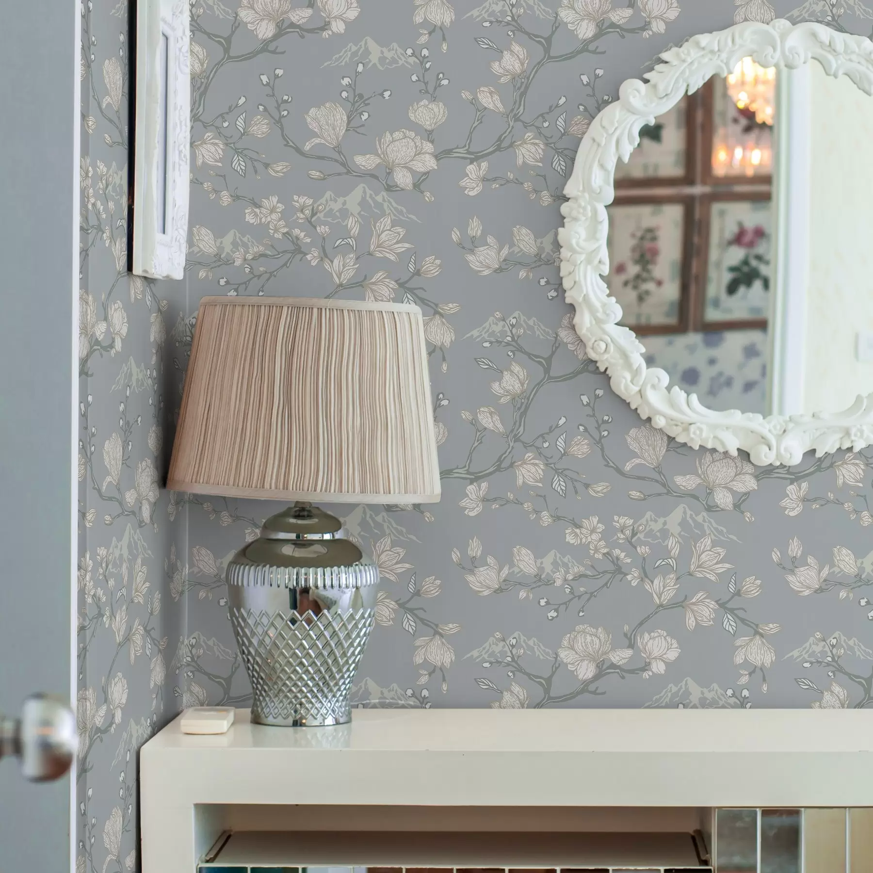 wall murals Бело цвеће на гранама и планинама на плавој позадини a00021