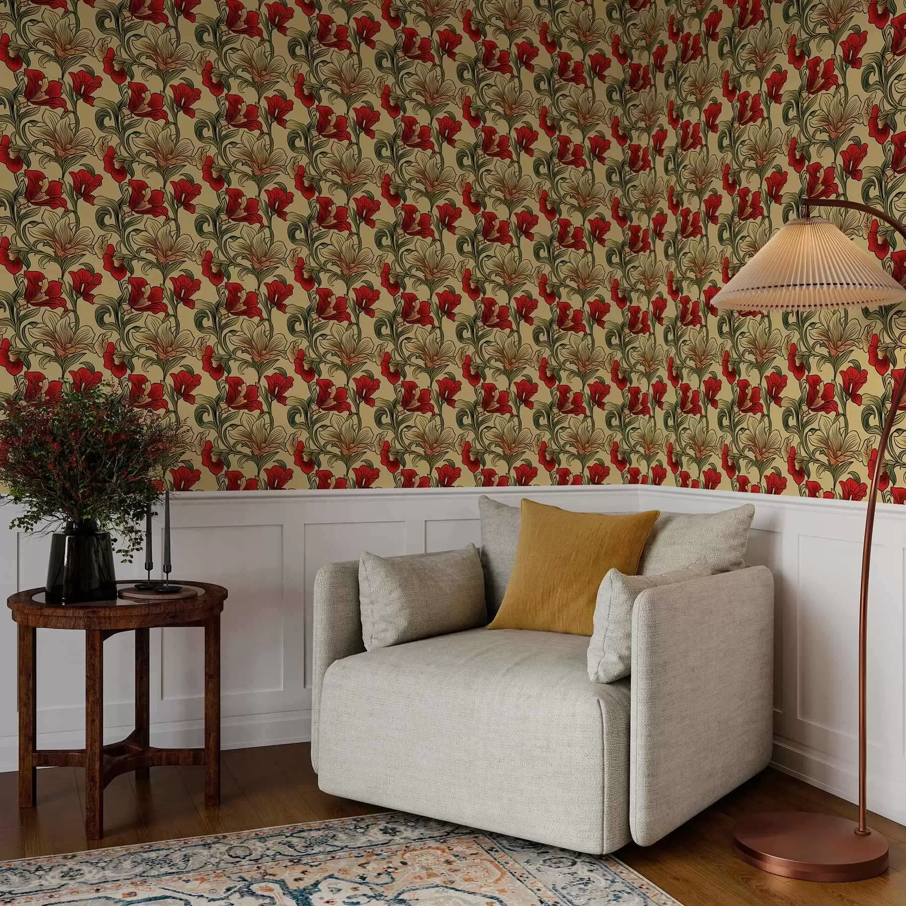 wall murals Светле уврнуте стабљике са листовима и црвеним цветовима a00075