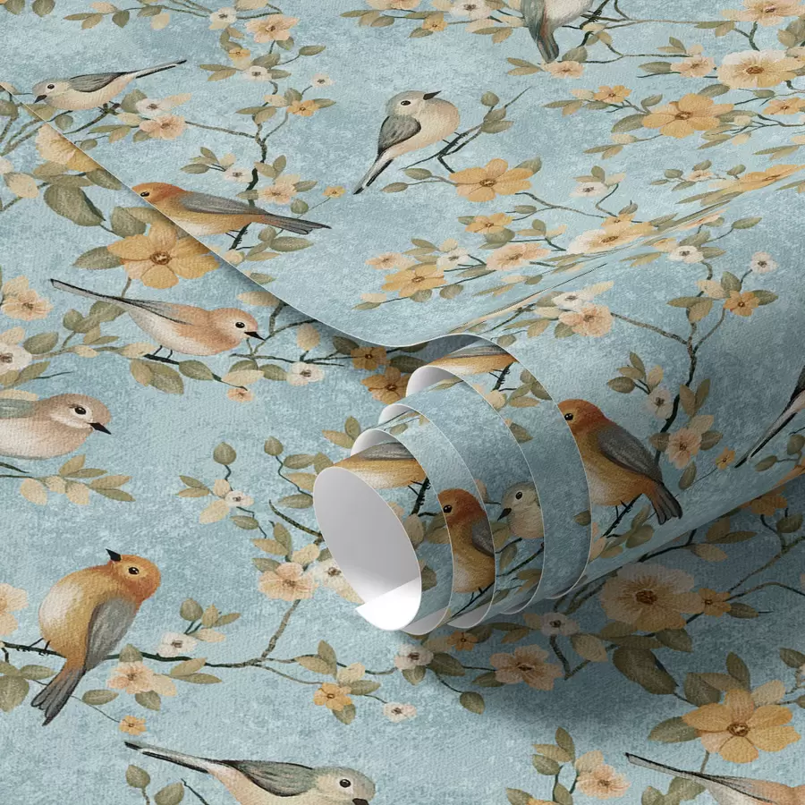 wall murals Мале птице на гранама на плавој позадини a00092