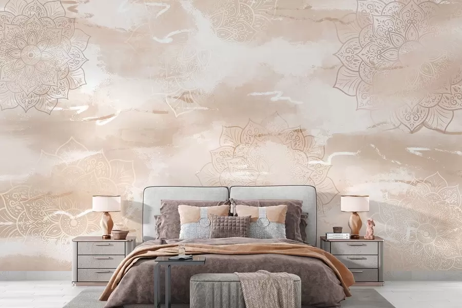 wall murals Мандале на пастелној позадини, живописни потези четкице, беж боје w03409