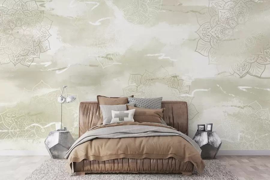 wall murals Мандале на пастелној позадини, живописни потези четкице, зелене боје w03409v2