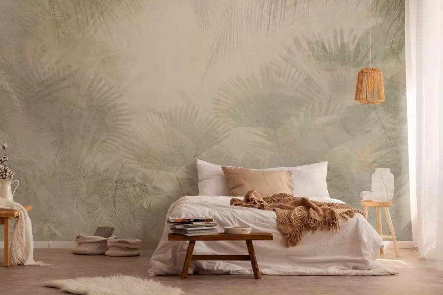 wall murals Текстуриране тропске ретро тапете у беж тоновима w03399