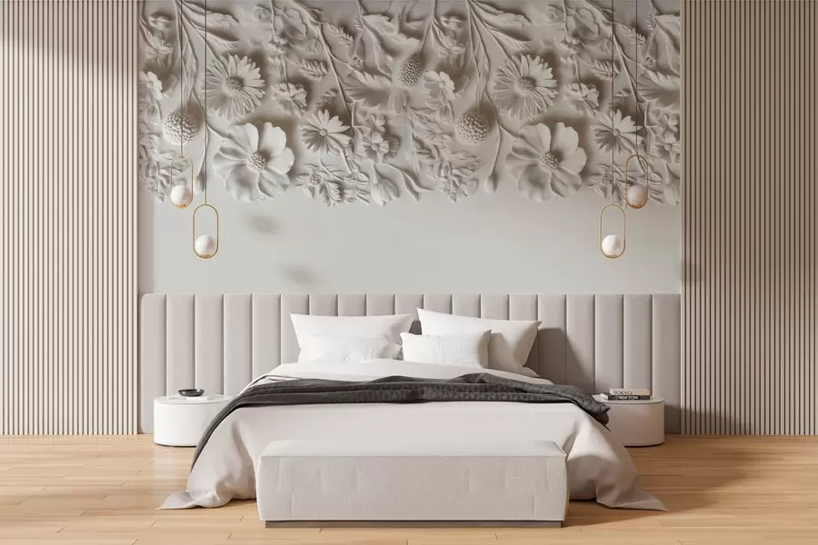 wall murals Имитација бас-рељефа цвећа на врху у млечној боји w03398v1