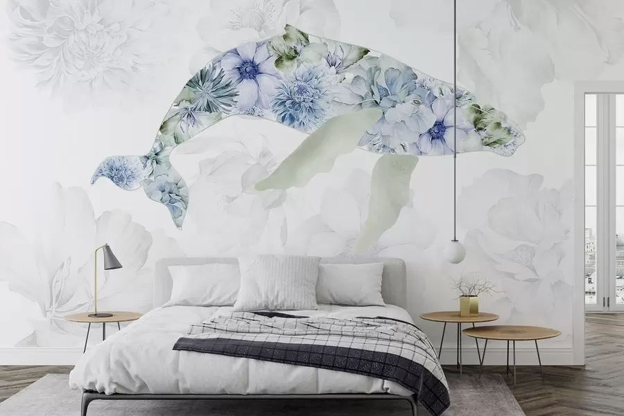 wall murals Кит са акварелом, океанске животиње, минимализам, плава и зелена w03446v2