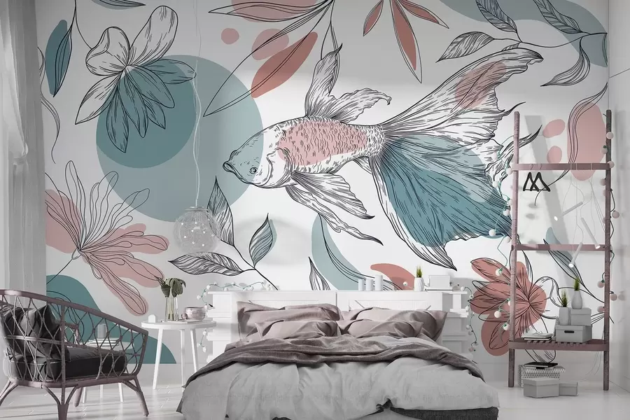wall murals Цртање рибе са цвећем, минимализам, морски, цветни, плави и розе  w03448v1