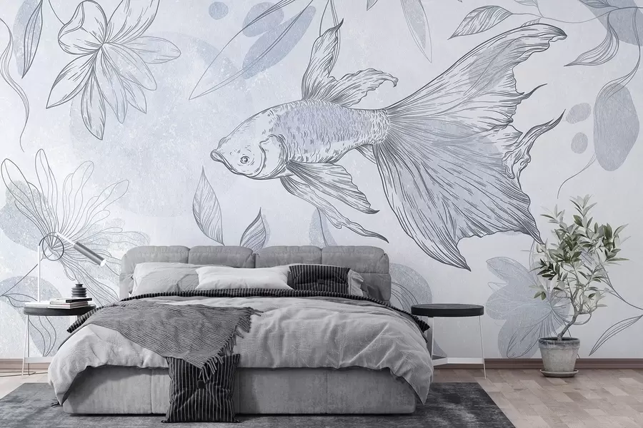 wall murals Риба са цветним елементима, плава позадина, цртање линија w03517v2