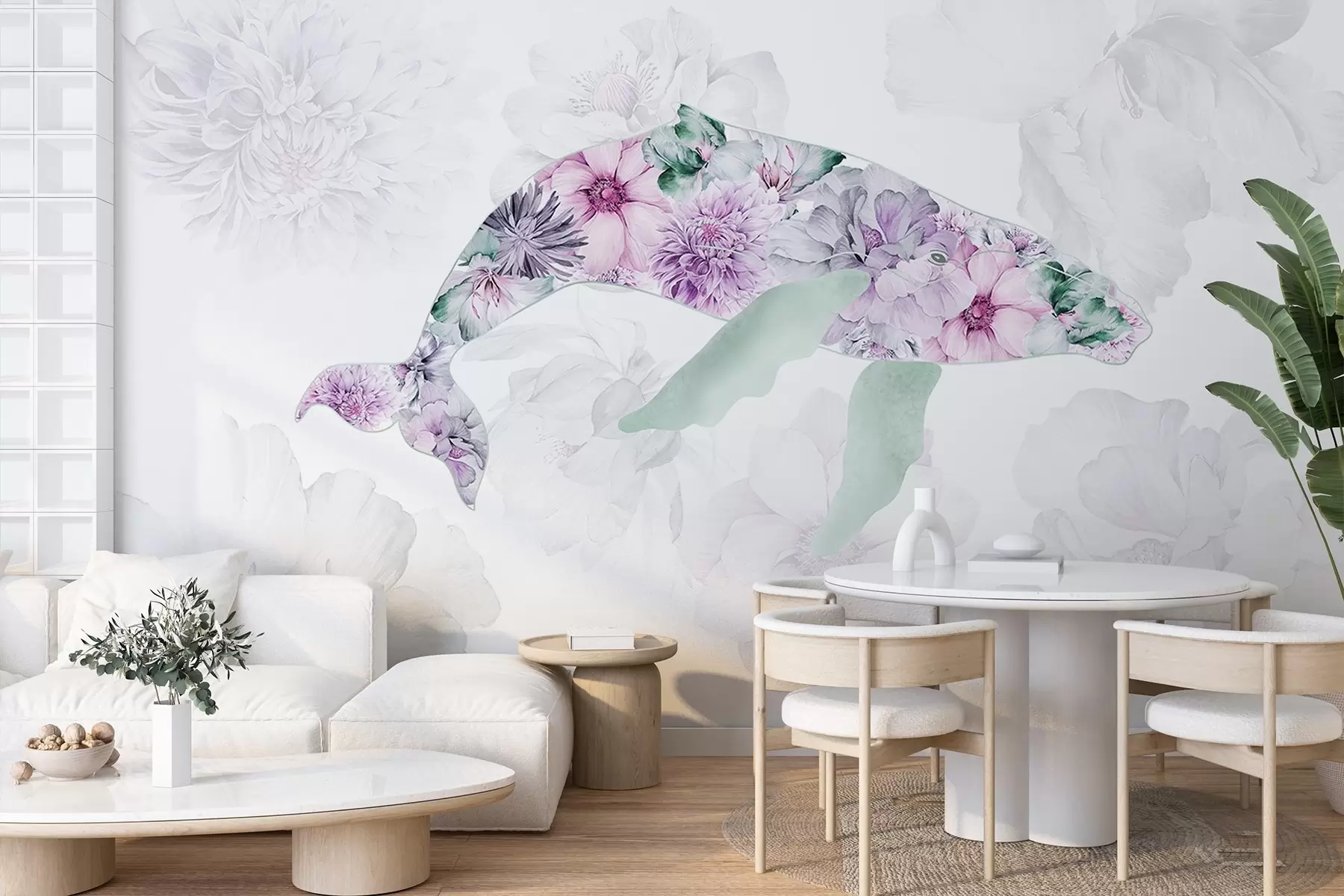 wall murals Кит са акварелним цвећем, океанским животињама, минимализмом, розе и зелене боје w03446v1