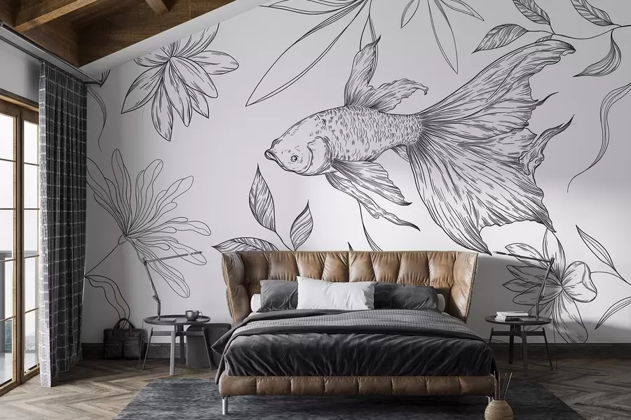 wall murals Цртање рибе са цвећем, минимализам, морски, цветни, мастилом w03516