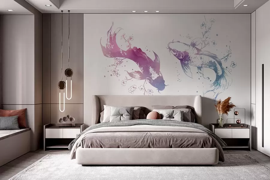 wall murals Акварел риба, оријентални стил, дрво трешње, плава и љубичаста w03447