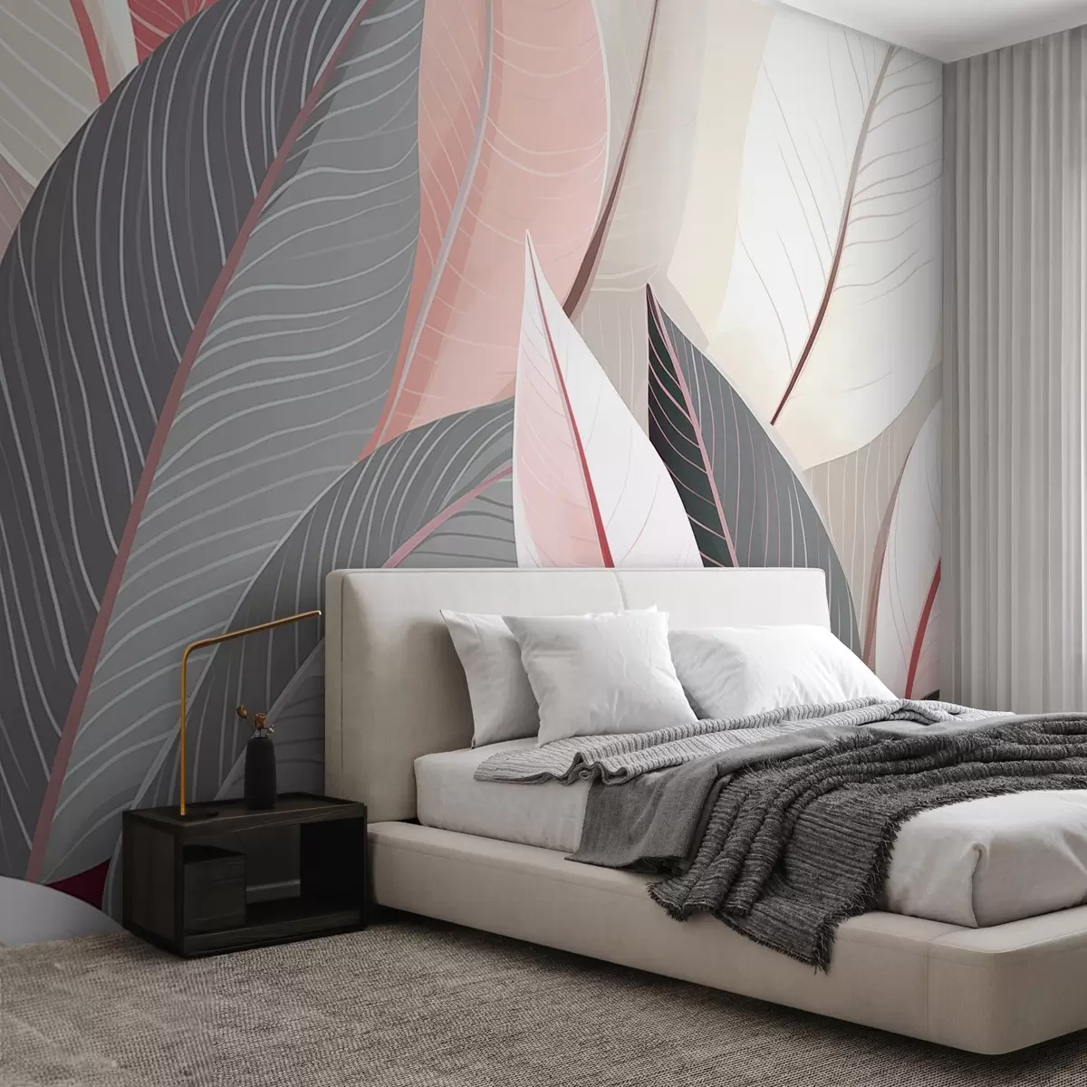 wall murals Крупни план листова у сивим и ружичастим тоновима w08944v1