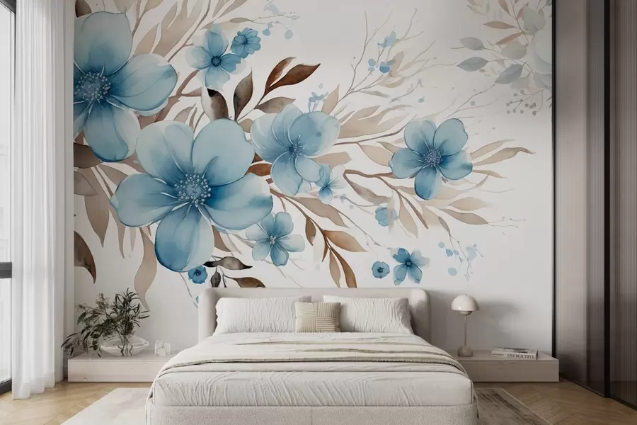 wall murals Цветна композиција са плавим цветовима и смеђим листовима w08934