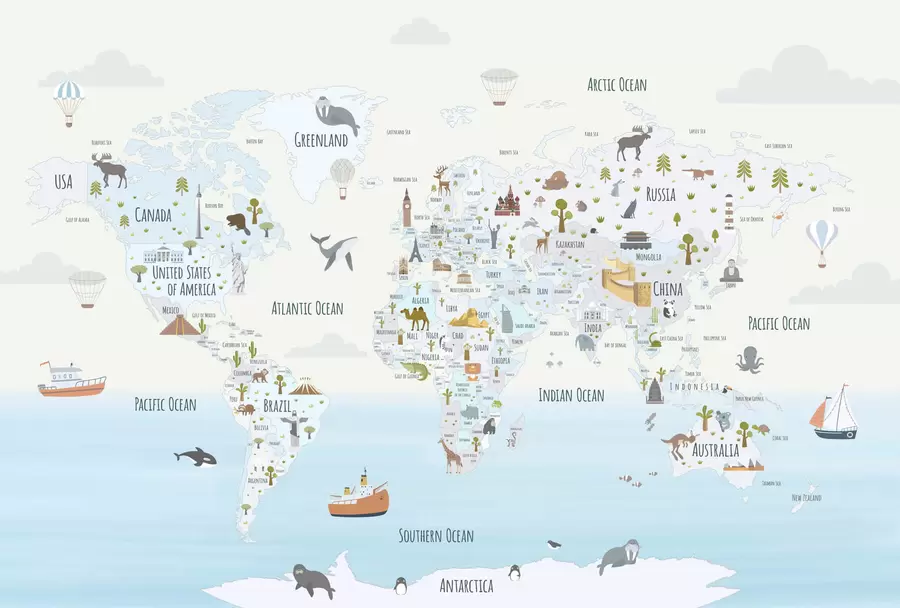 wall murals Мапа света са животињама и знаменитостима w03410