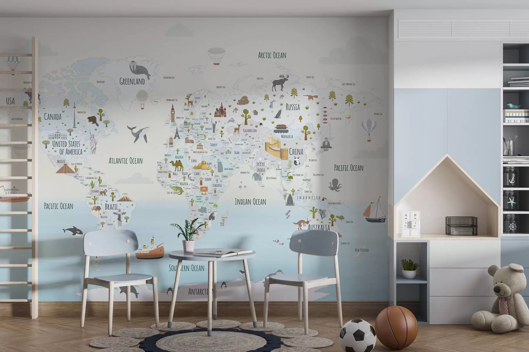 wall murals Мапа света са животињама и знаменитостима w03410