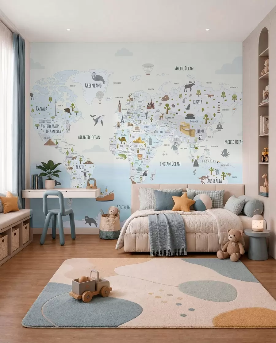wall murals Мапа света са животињама и знаменитостима w03410