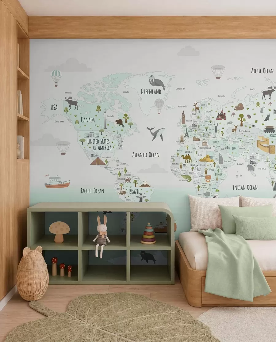 wall murals Мапа света са животињама и знаменитостима w03410v2