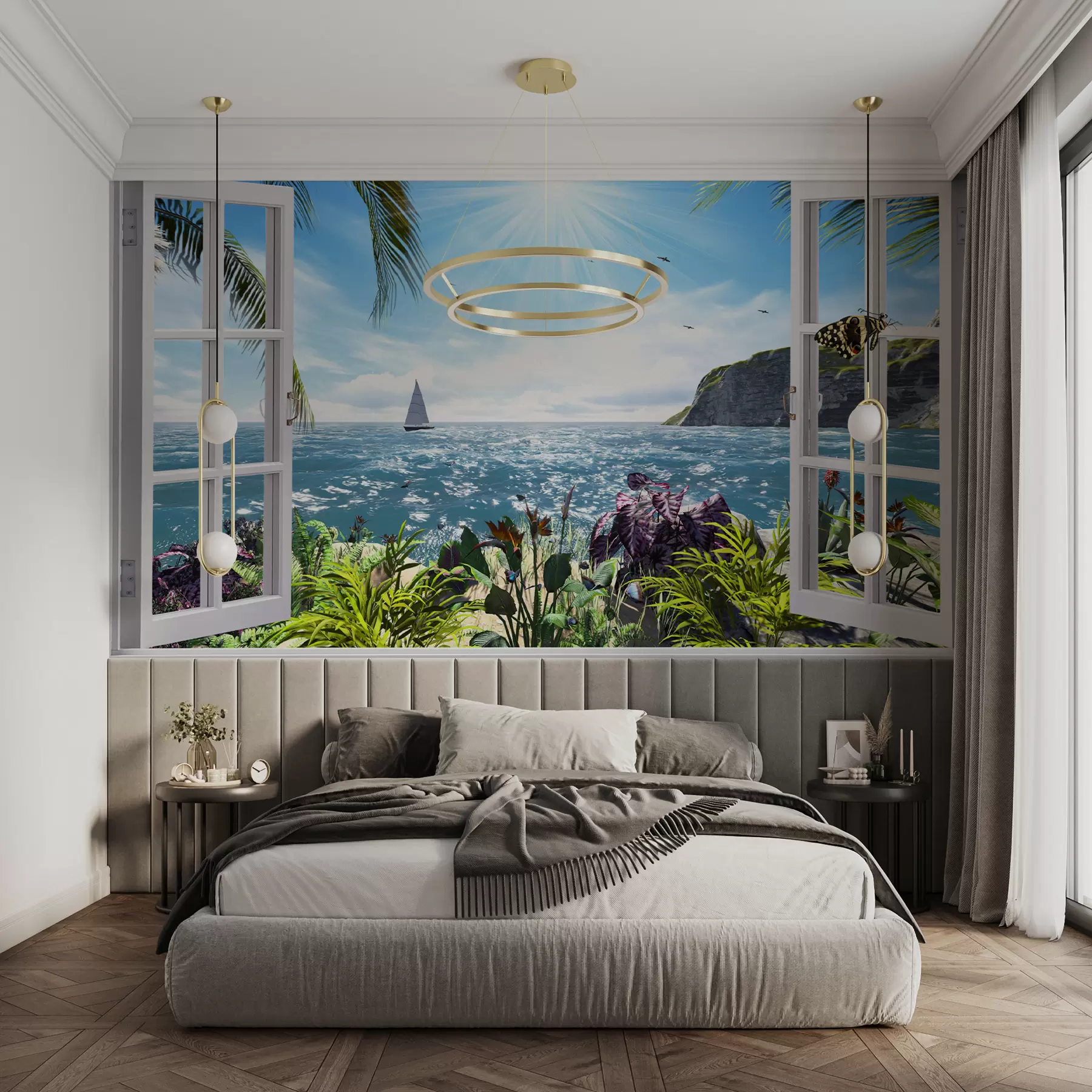 wall murals Поглед са прозора до мора и јахте u54608