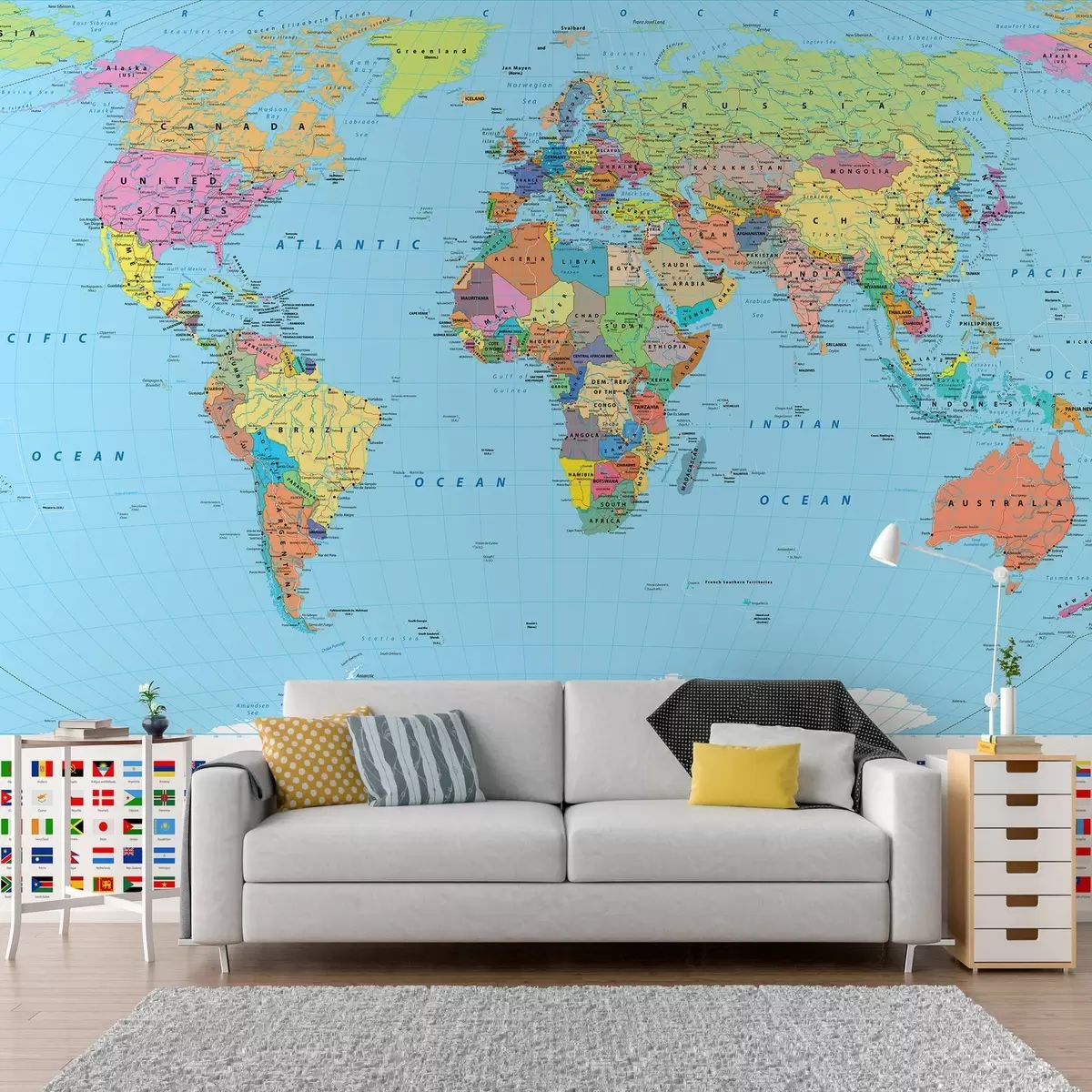 wall murals Светска карта са државним заставама u60137