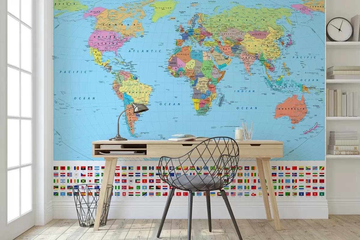 wall murals Светска карта са државним заставама u60137