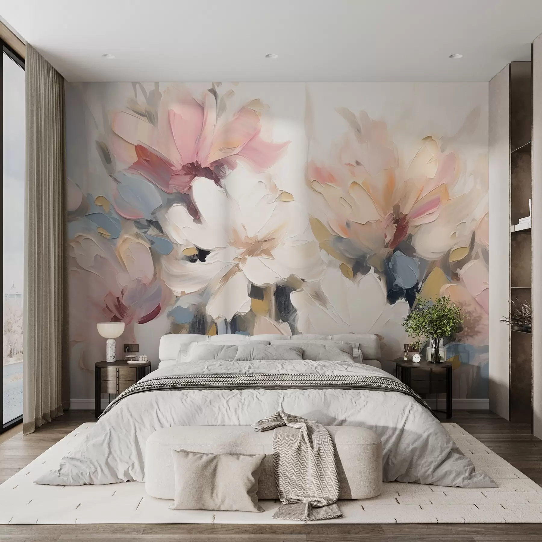 wall murals Апстрактно цвеће у стилу уљаних слика у меким тоновима w03575