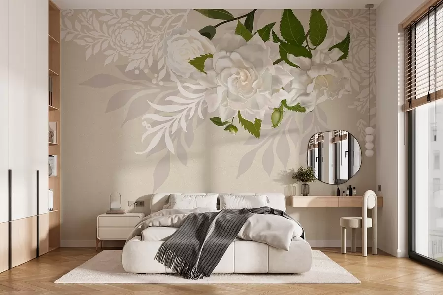 wall murals беле руже на беж шареној позадини w03453