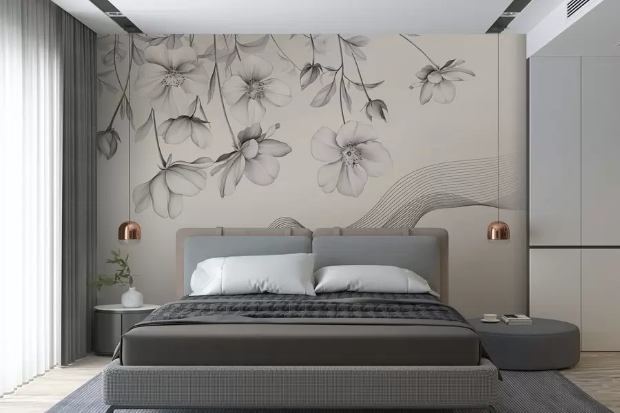 wall murals графичко цвеће и линије на светлој позадини w03454