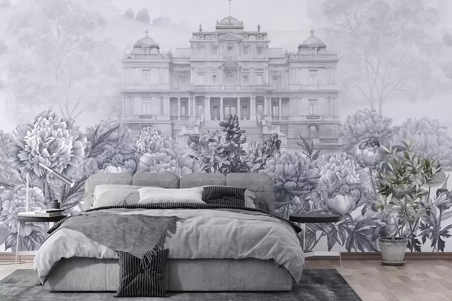 wall murals Краљевска палата са вртом божура, акварел стил, природа, плаве боје, бохо w03552v1