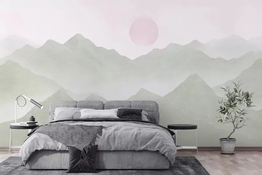 wall murals Бохо стил планине пејзаж, залазак сунца, меки пастел, зелена w03547